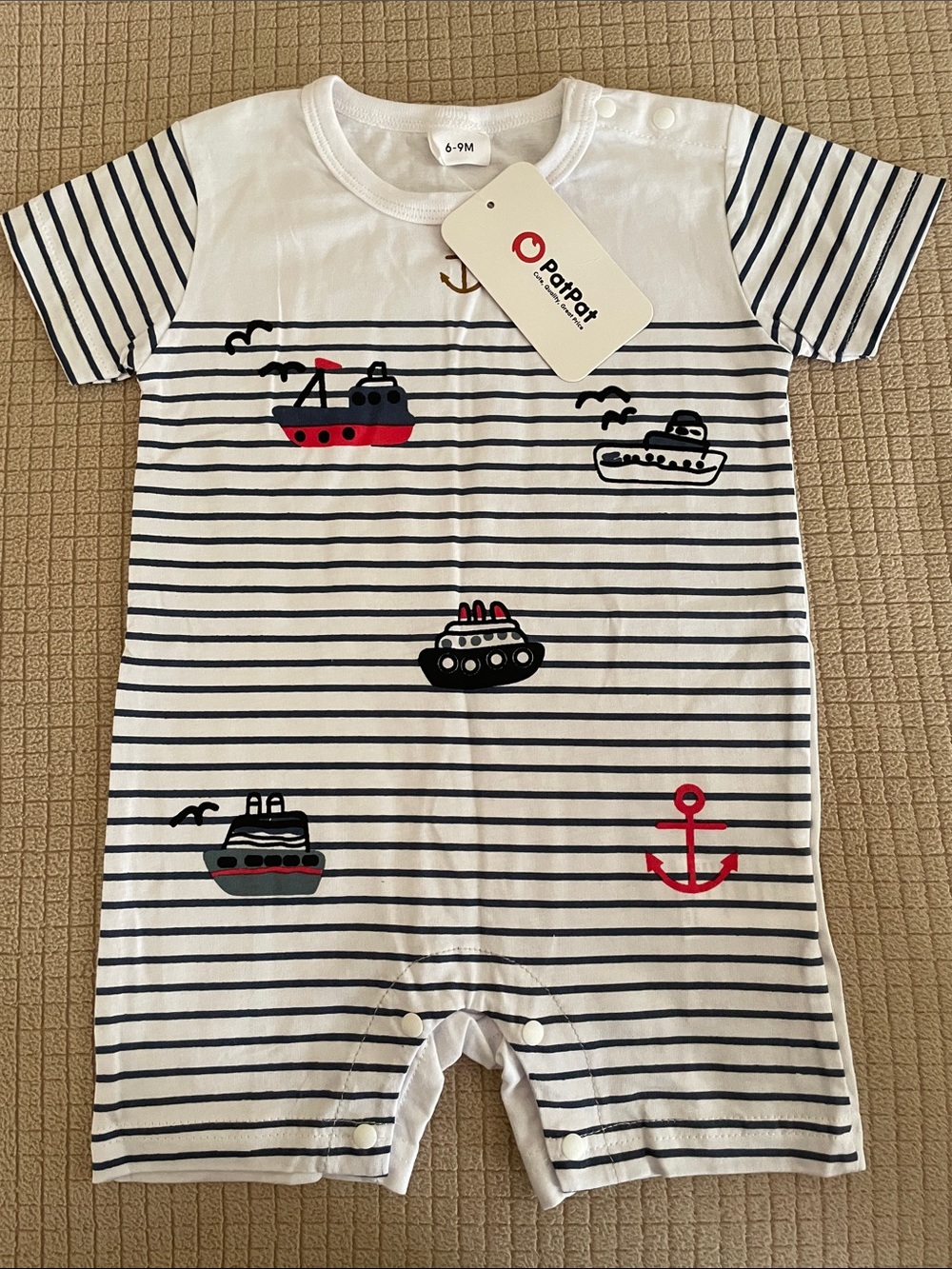 PatPat White & Navy Striped Nautical Baby Romper with Red Anchor. 6-9 Mo. NWT!